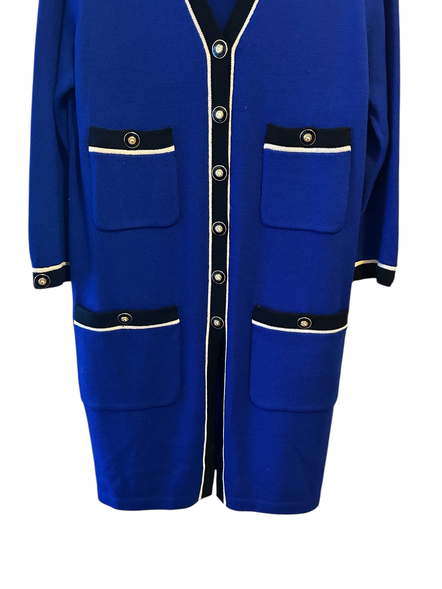 St John Collection Royal Blue Long Jacket medium Duster Coat Cream Trim Pockets