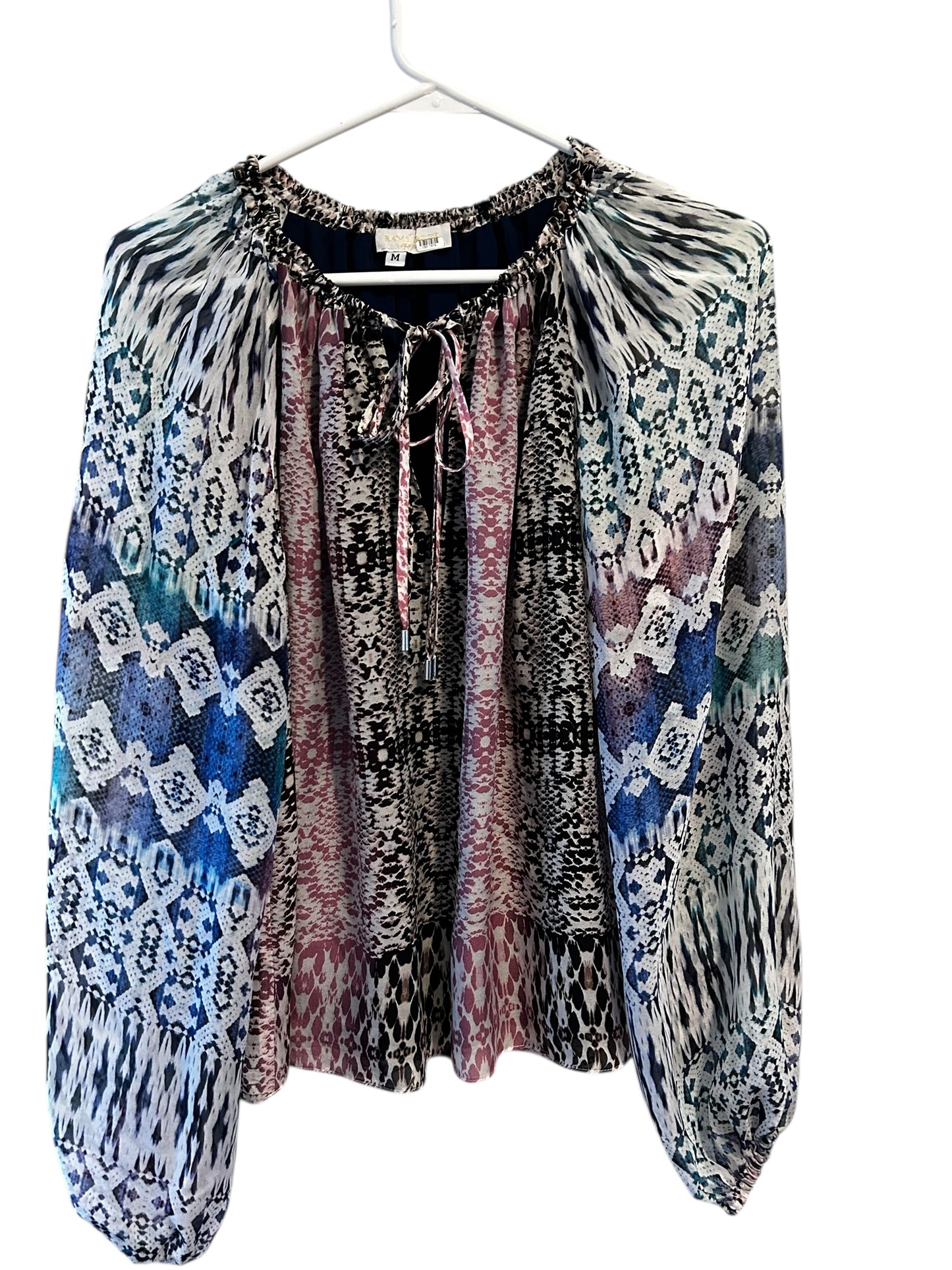 Ramy Brook Kayden mixed-print silk blouse with a drawstring tie neckline
