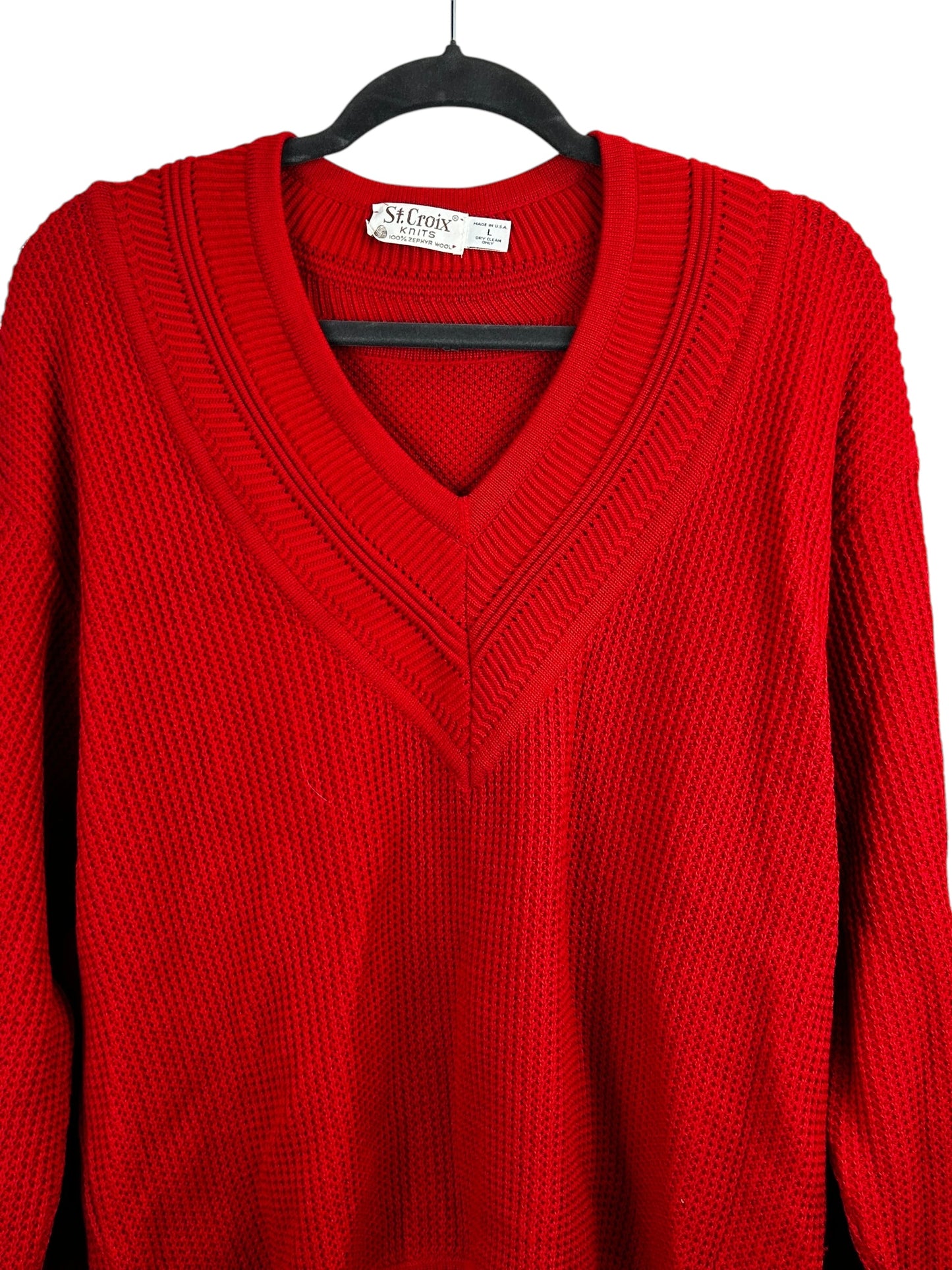 St. Croix Knits Men's Red 100% Zephyr Wool V-Neck Knit Sweater - Size L