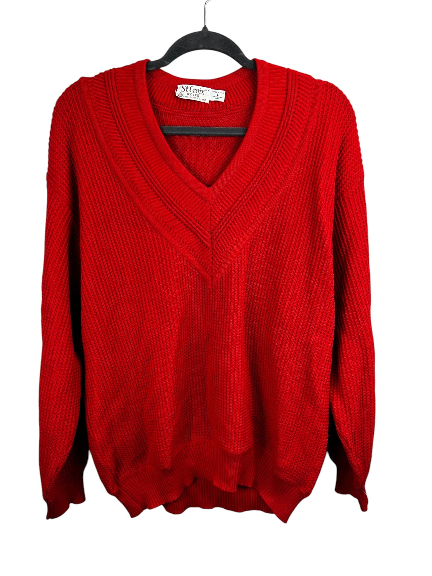 St. Croix Knits Men's Red 100% Zephyr Wool V-Neck Knit Sweater - Size L