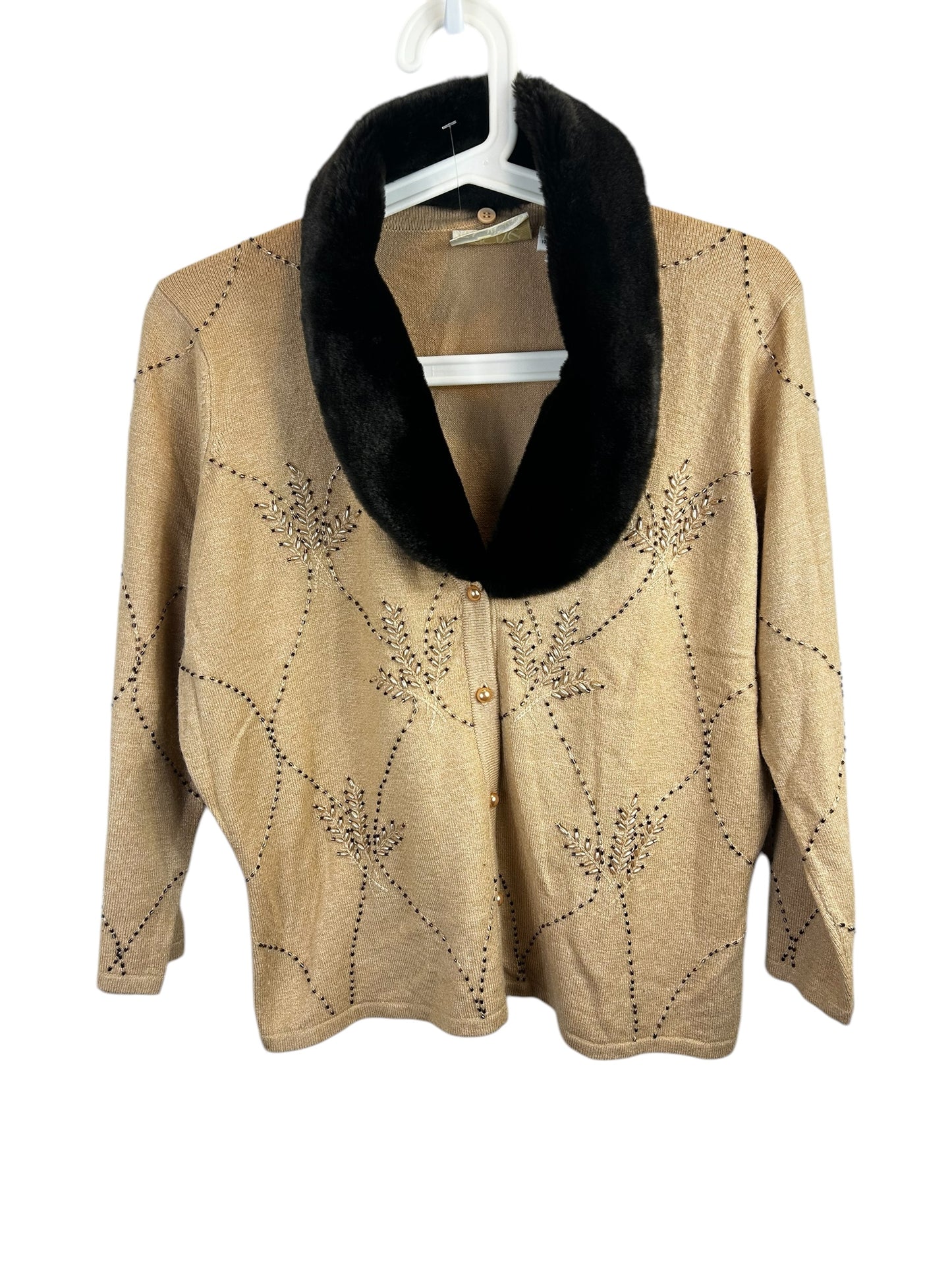 Vintage Cache Womens Faux Fur Collar Cardigan Size large Beige Silk Knit Beaded