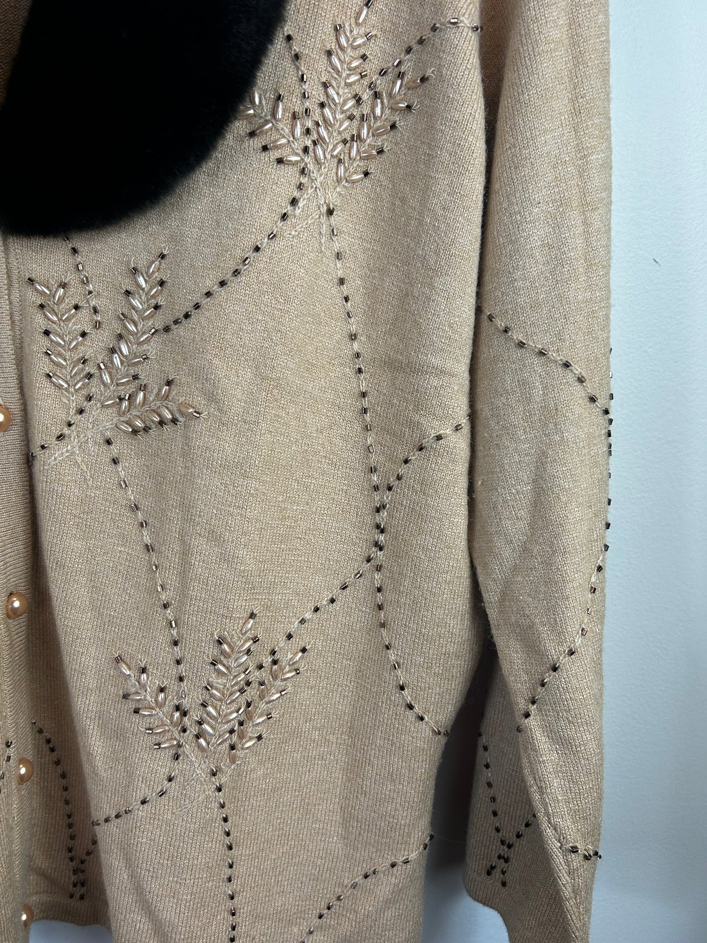 Vintage Cache Womens Faux Fur Collar Cardigan Size large Beige Silk Knit Beaded