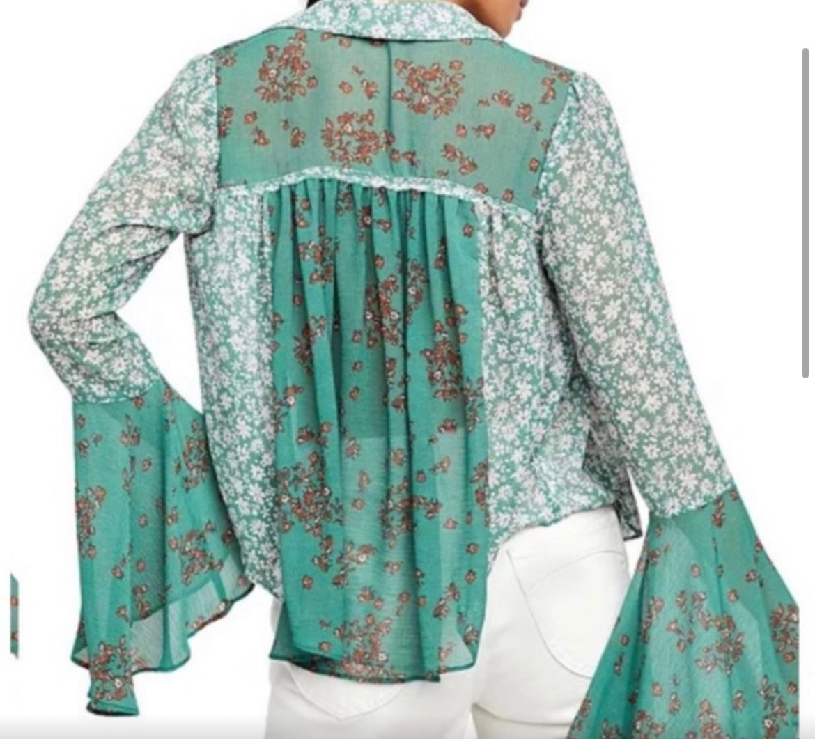 Free People Serena Printed Blouse in Emerald Combo
NWT