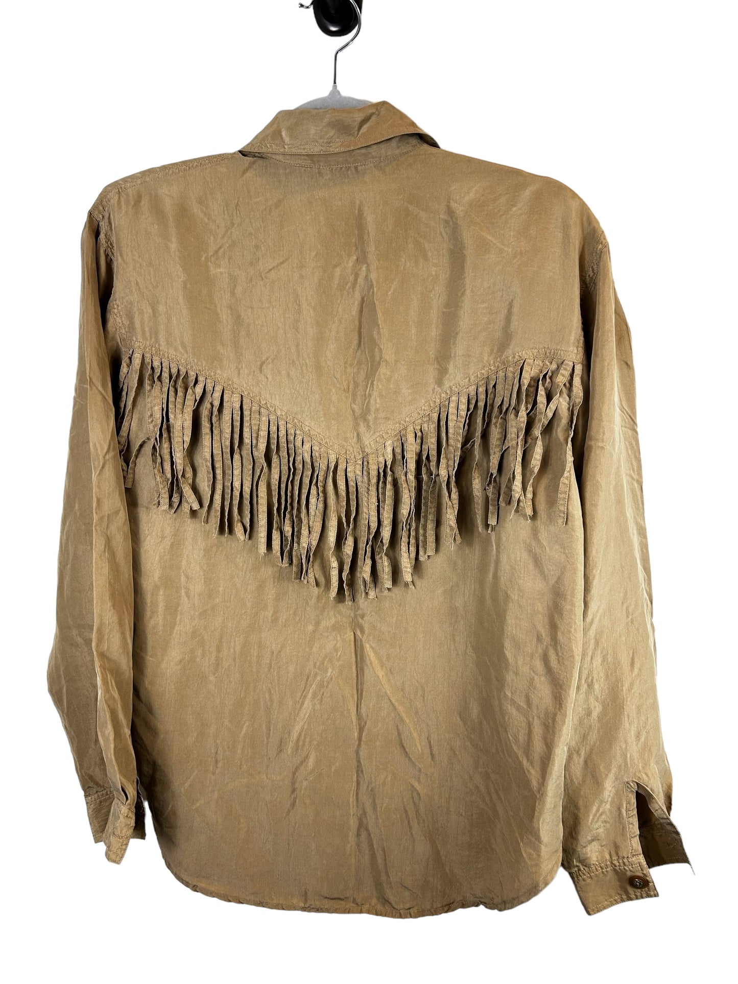 FIJI SPORT 100% Silk Fringe Womens Button Up Tan Shirt Size P