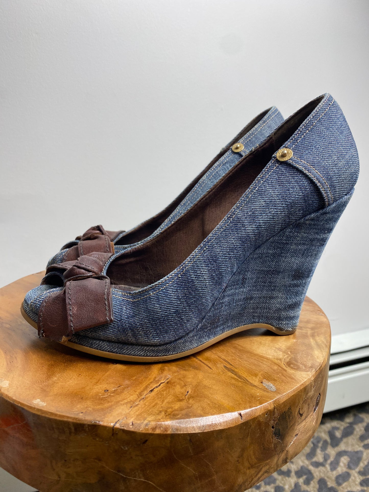 Miu Miu Blue Denim Peep Toe Wedge Shoes