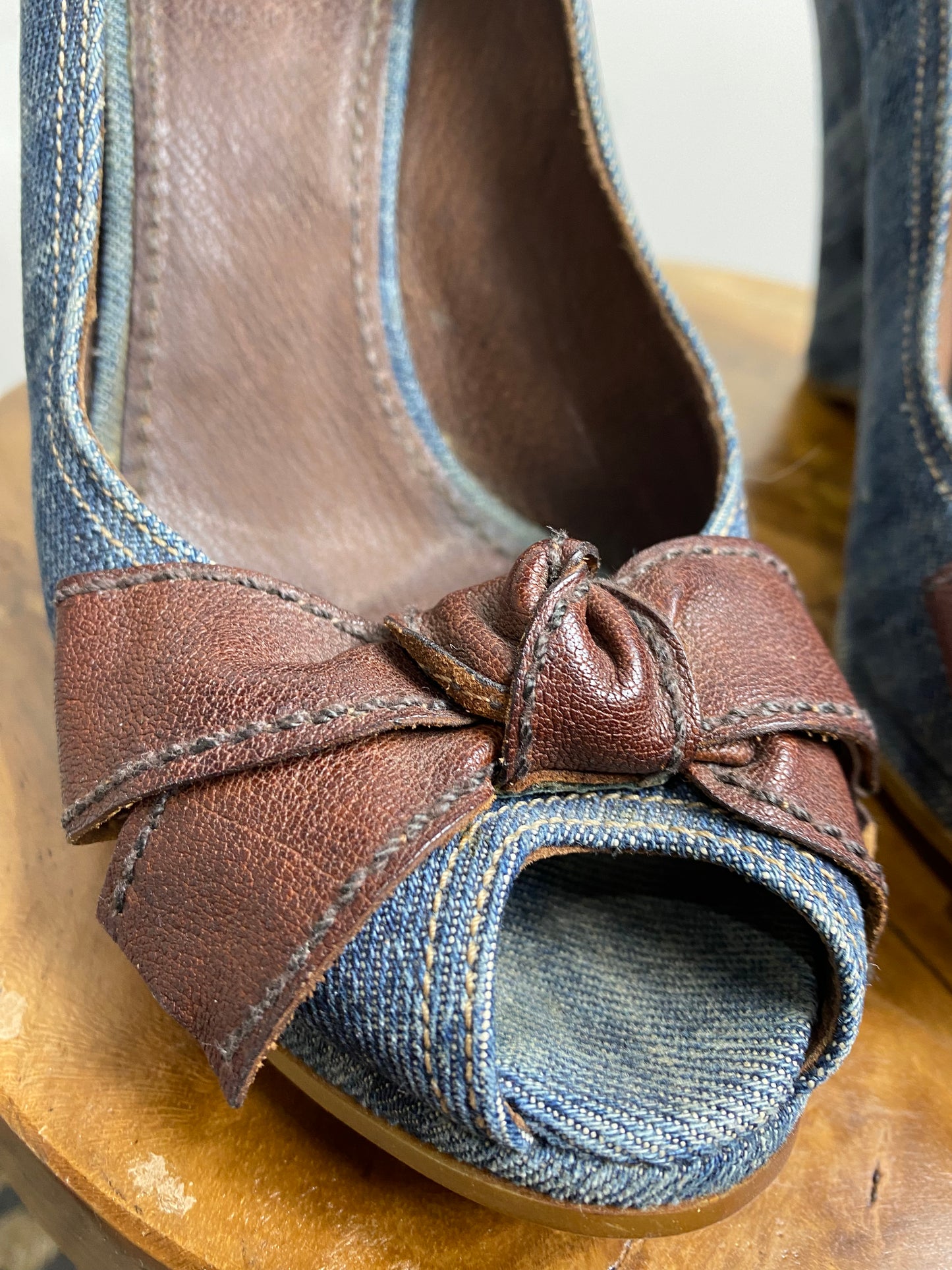 Miu Miu Blue Denim Peep Toe Wedge Shoes