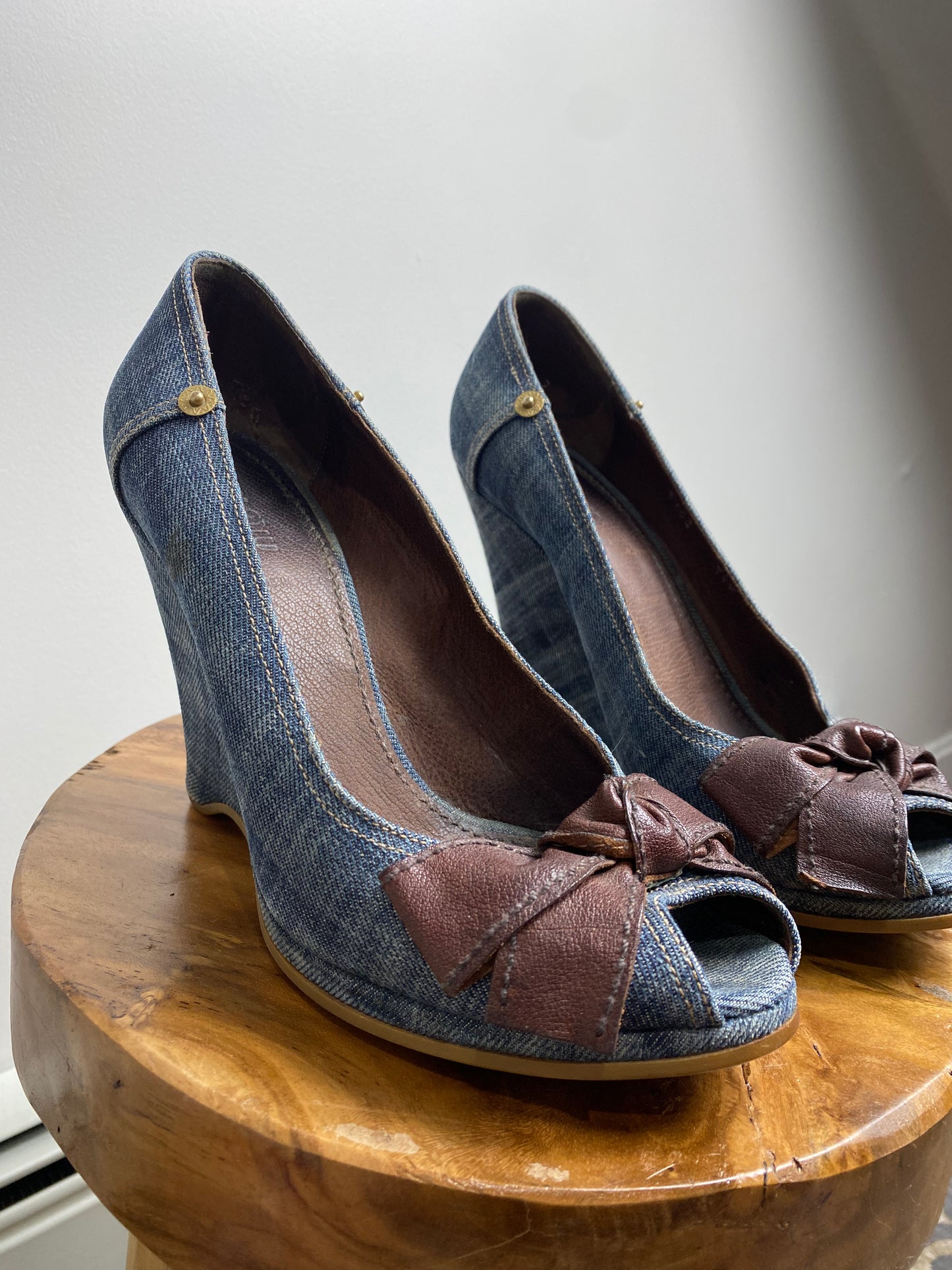 Miu Miu Blue Denim Peep Toe Wedge Shoes