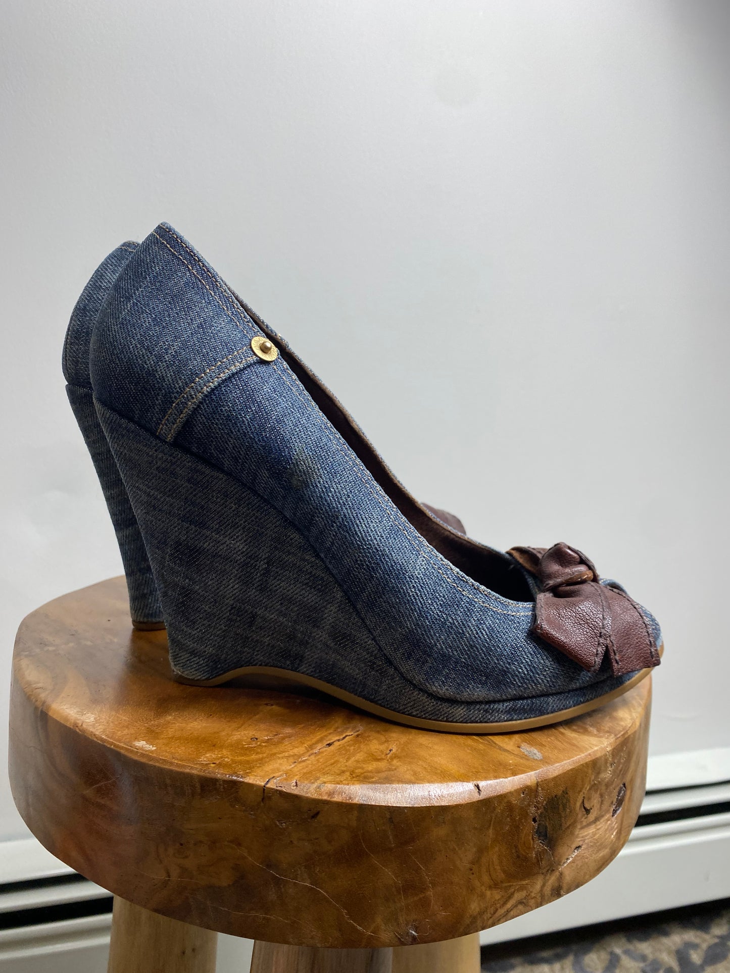 Miu Miu Blue Denim Peep Toe Wedge Shoes