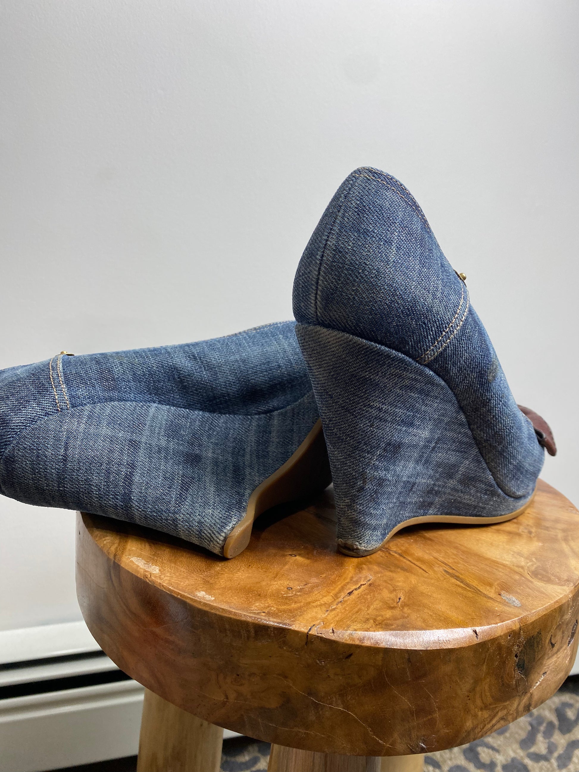 Denim wedge heel shoes on sale