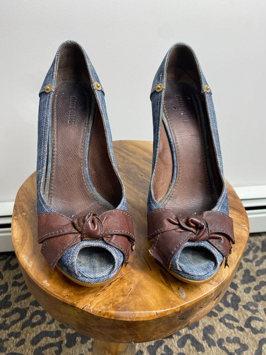 Miu Miu Blue Denim Peep Toe Wedge Shoes