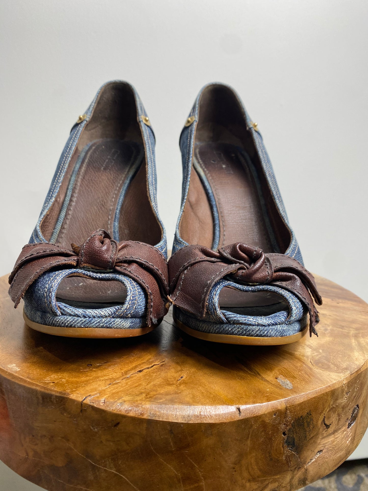 Miu Miu Blue Denim Peep Toe Wedge Shoes