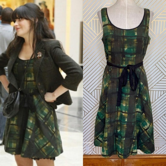 Anthropologie Maeve Painted Green Plaid Dress